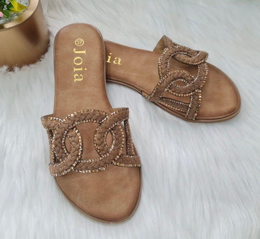 Embellished Chain Link Sandals - Camel