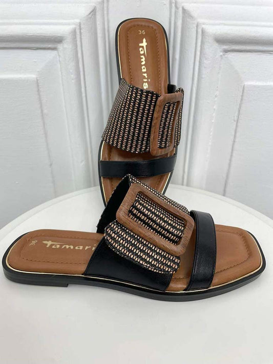 Tamaris Buckle Mule Sandals - Black & Tan