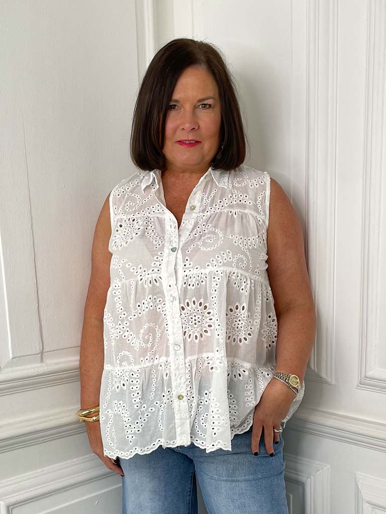 Malissa J Tiered Broderie Anglaise Top - White