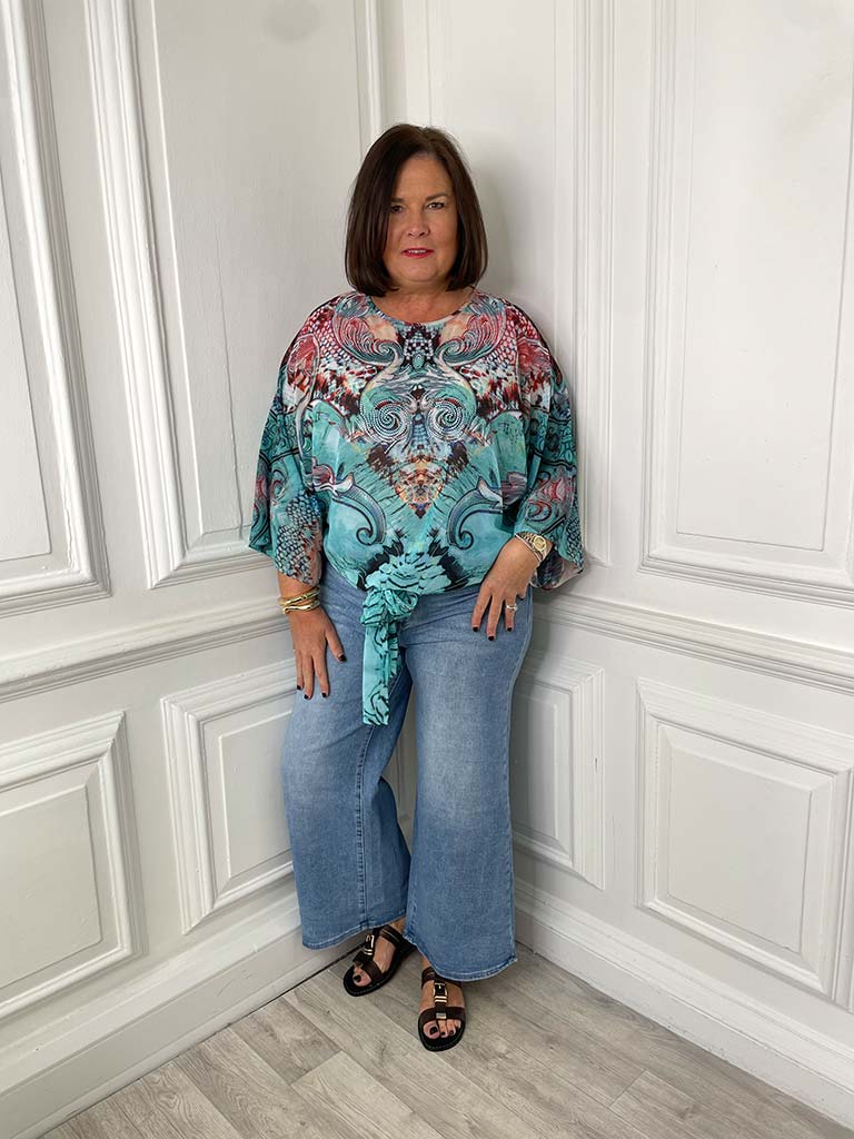 Malissa J Tie Front Top - Aqua & Blush