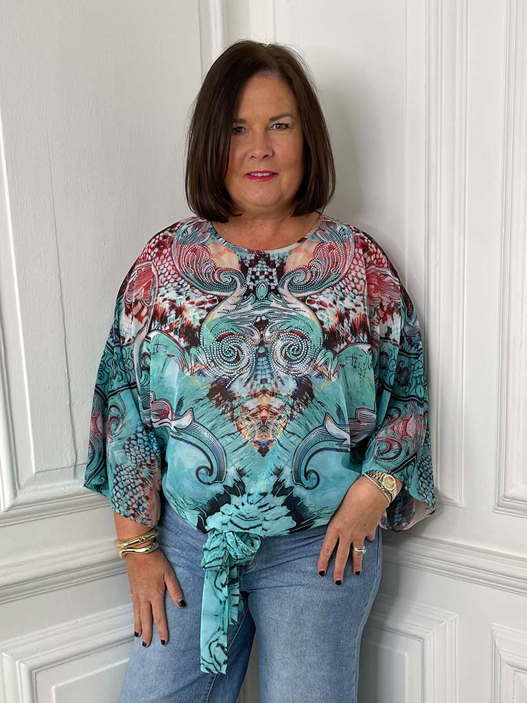 Malissa J Tie Front Top - Aqua & Blush
