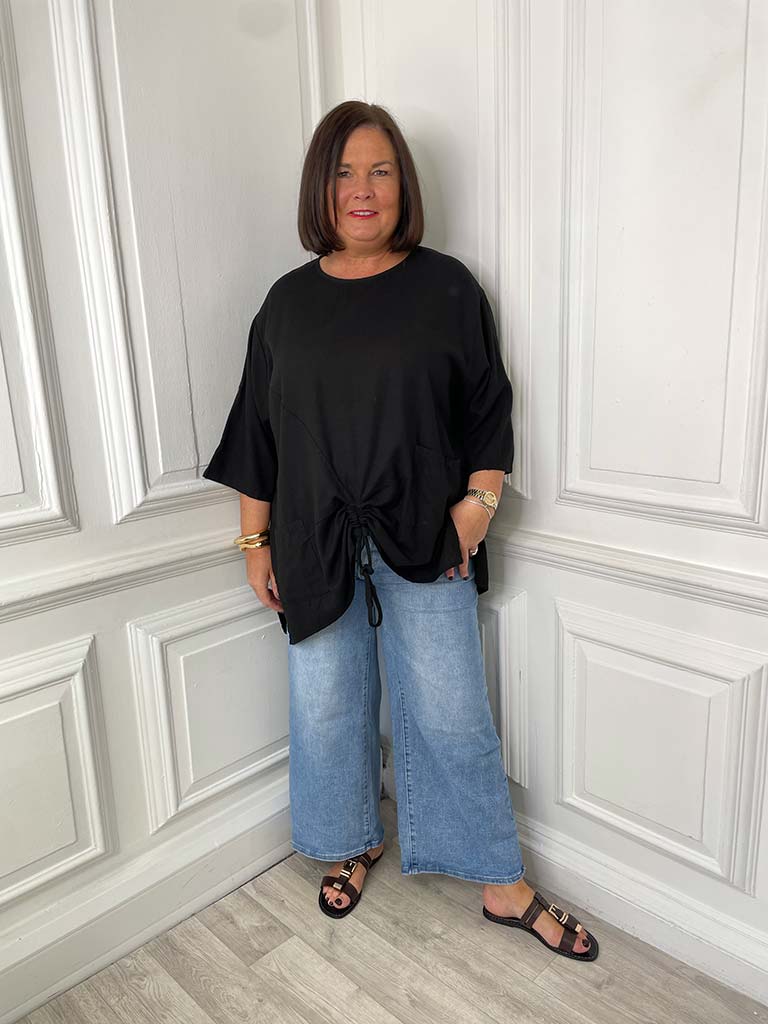 Two Pocket Drawstring Top - Black