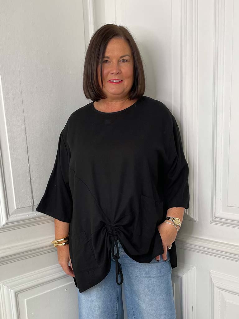 Two Pocket Drawstring Top - Black