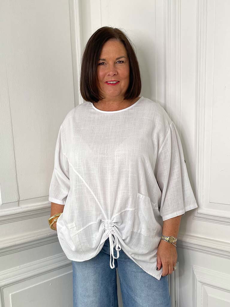 Two Pocket Drawstring Top - White
