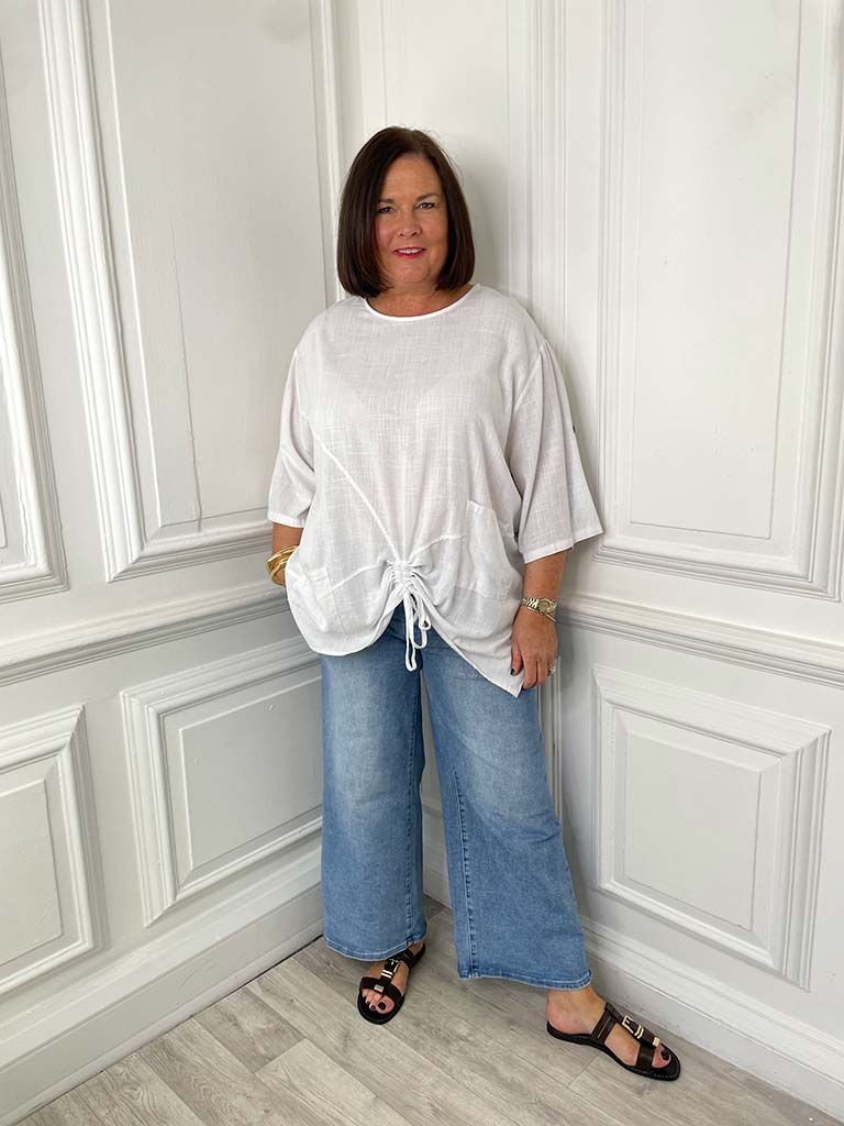 Two Pocket Drawstring Top - White