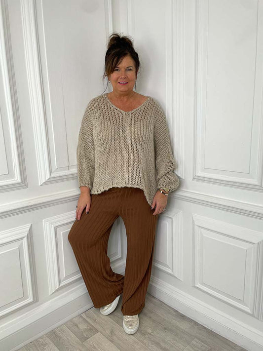 Ribbed Knit Wide Leg Trousers - Tan