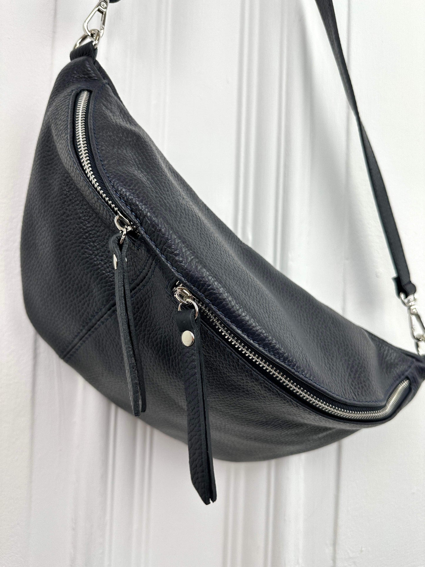 Leather Double Zip Bumbag - Navy