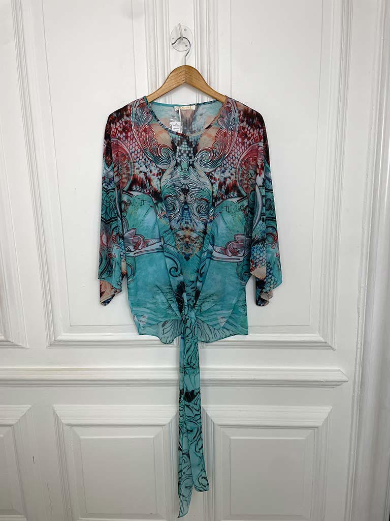 Malissa J Tie Front Top - Aqua & Blush
