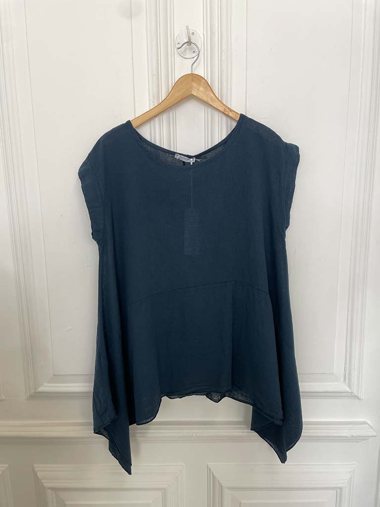 Linen Mix Cap Sleeve Top - Navy