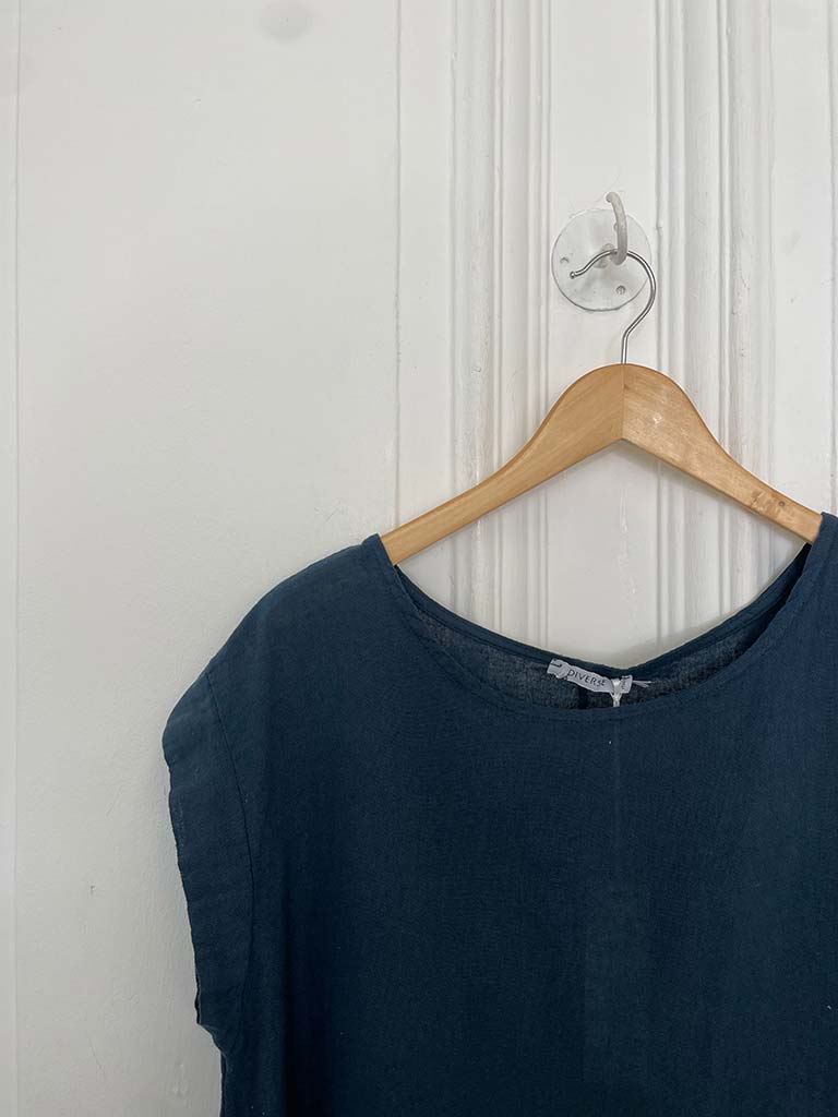 Linen Mix Cap Sleeve Top - Navy