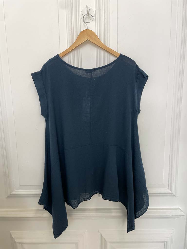 Linen Mix Cap Sleeve Top - Navy
