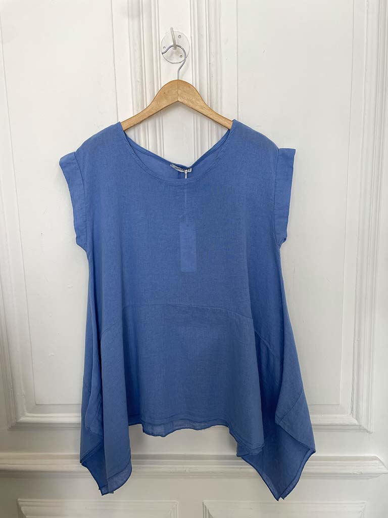 Linen Mix Cap Sleeve Top - Cornflower
