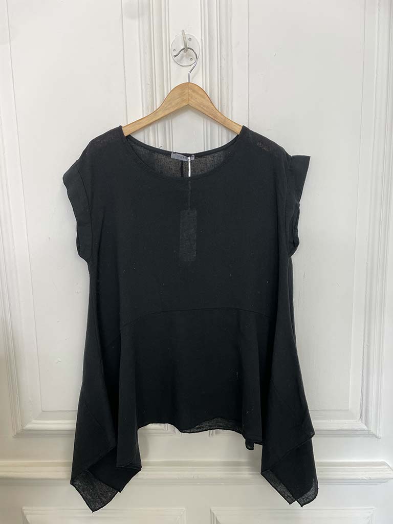Linen Mix Cap Sleeve Top - Black
