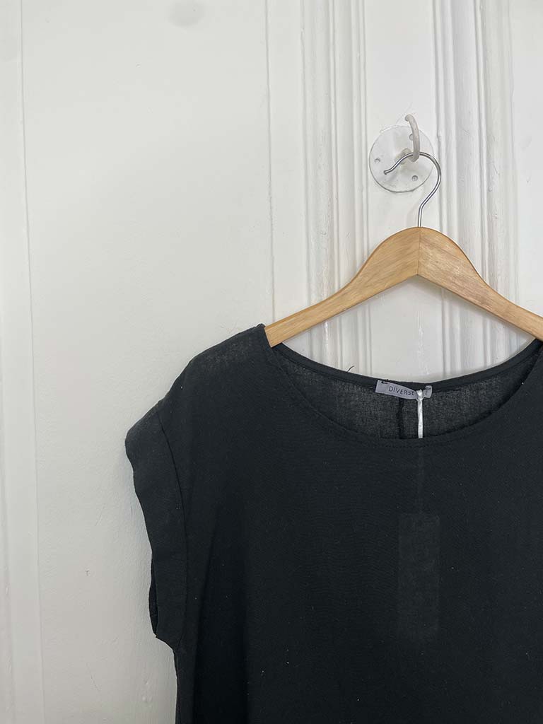 Linen Mix Cap Sleeve Top - Black