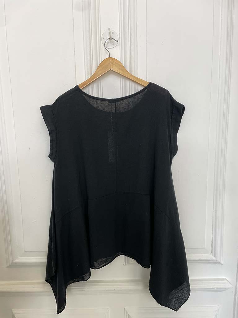 Linen Mix Cap Sleeve Top - Black
