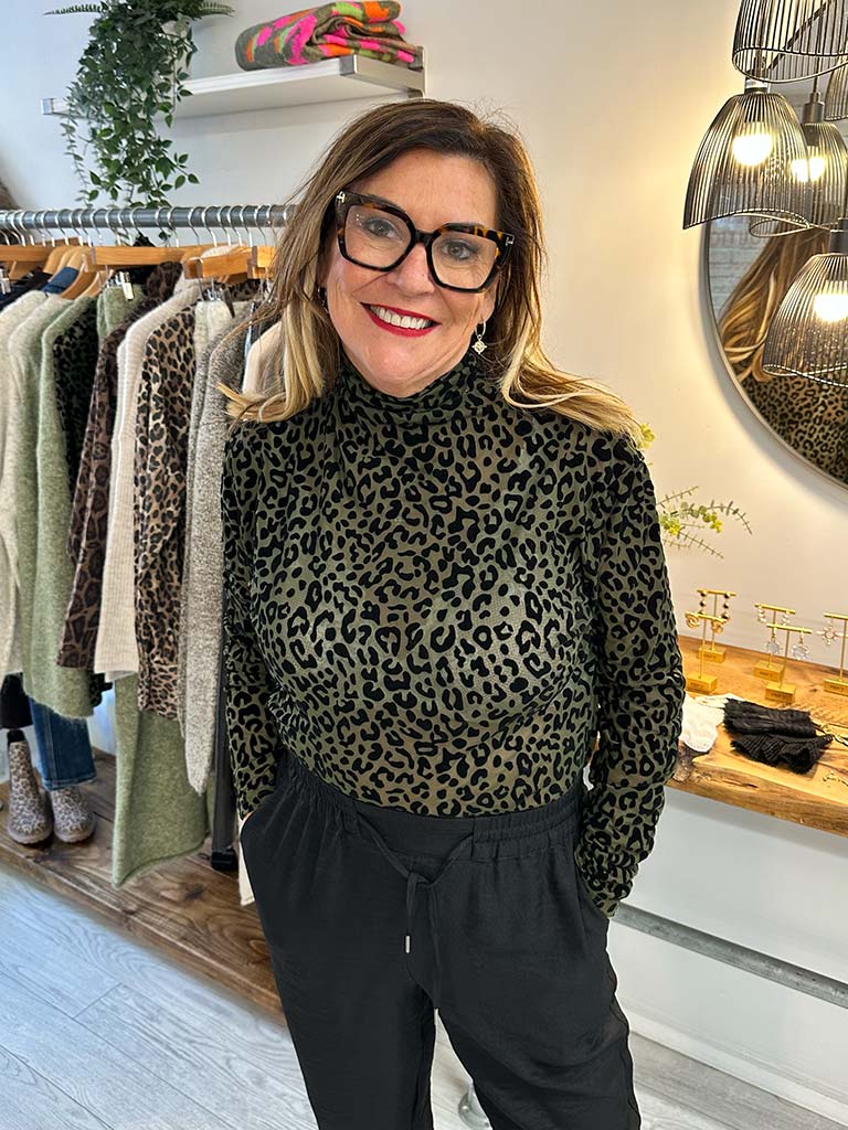 Malissa J Draped Neck Mesh Top - Khaki Leopard
