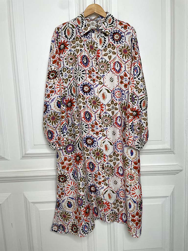 Floral Tile Print Shirt Dress - Orange & Violet