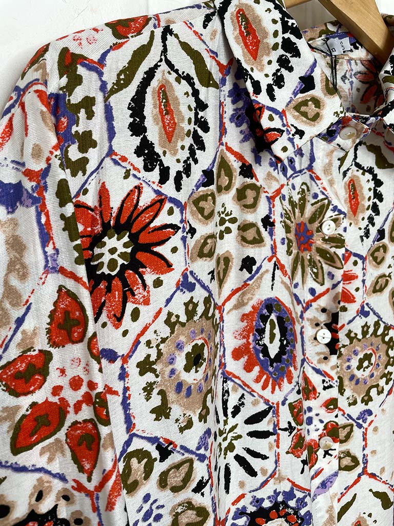 Floral Tile Print Shirt Dress - Orange & Violet