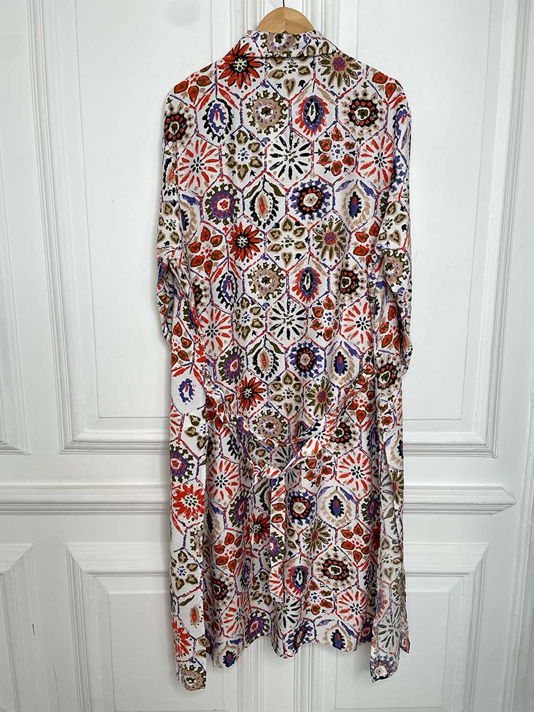Floral Tile Print Shirt Dress - Orange & Violet
