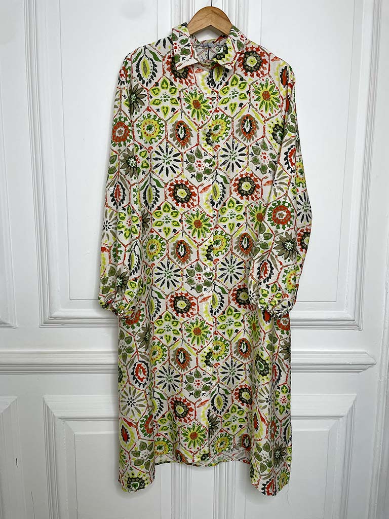 Floral Tile Print Shirt Dress - Kiwi & Orange