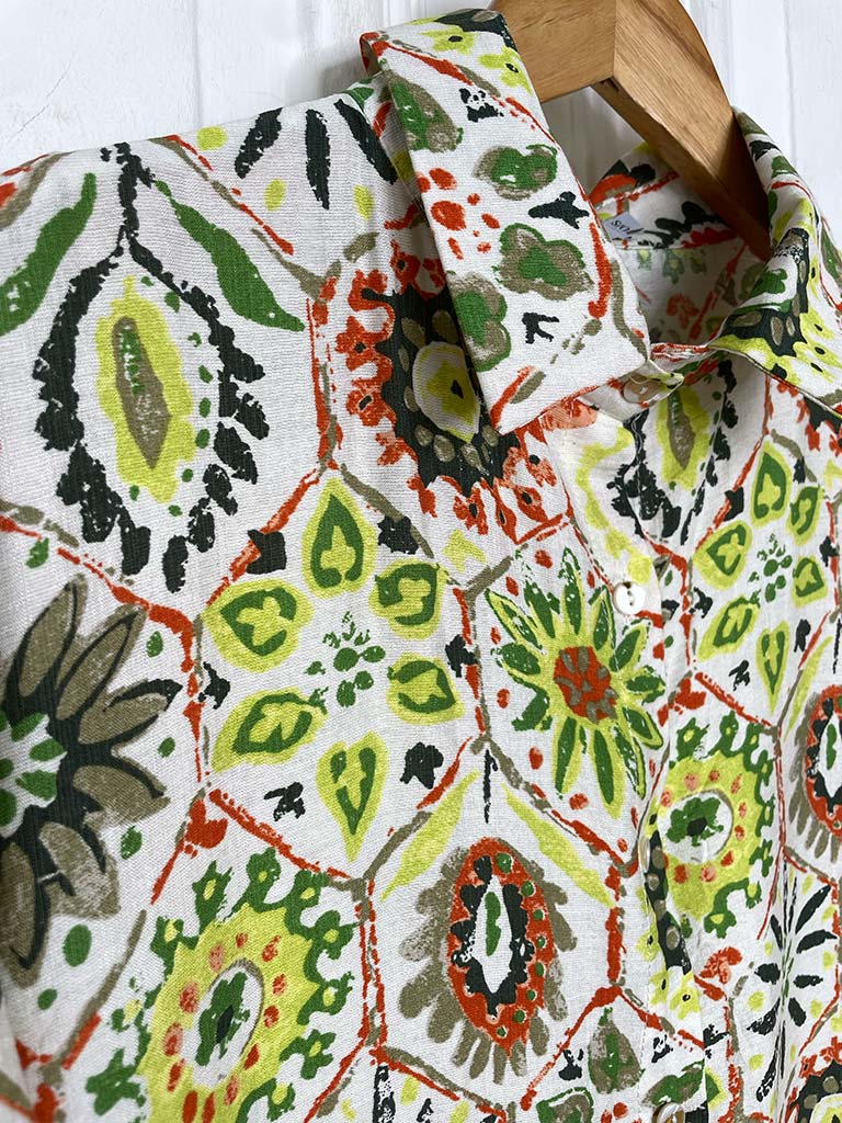 Floral Tile Print Shirt Dress - Kiwi & Orange