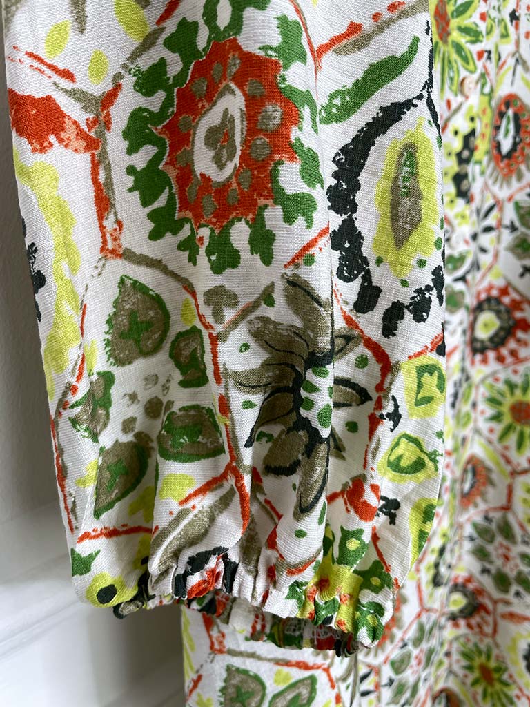 Floral Tile Print Shirt Dress - Kiwi & Orange