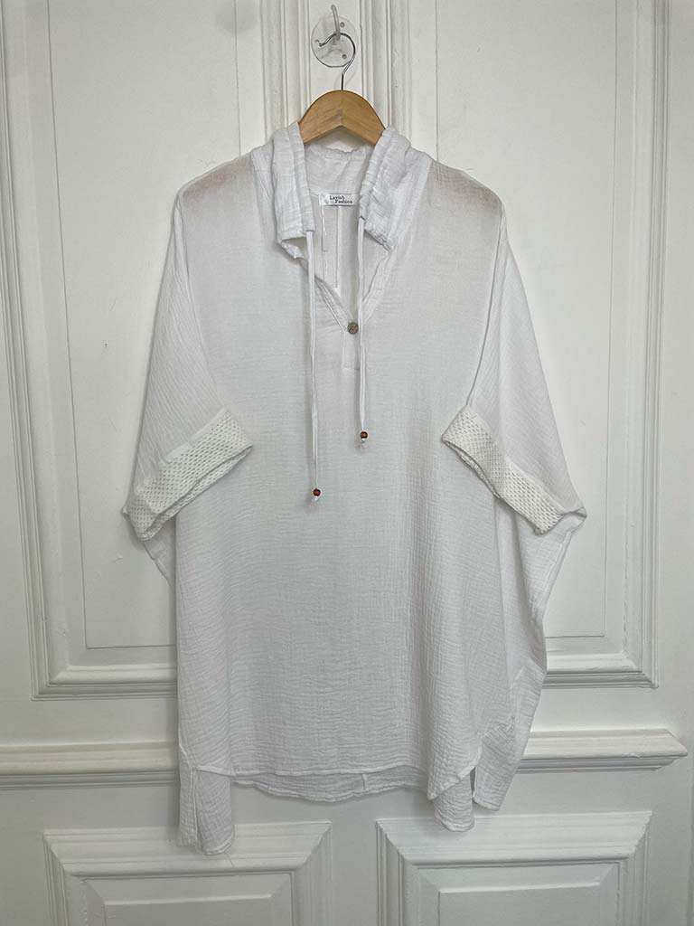 Drawstring Collar Oversized Tunic - White