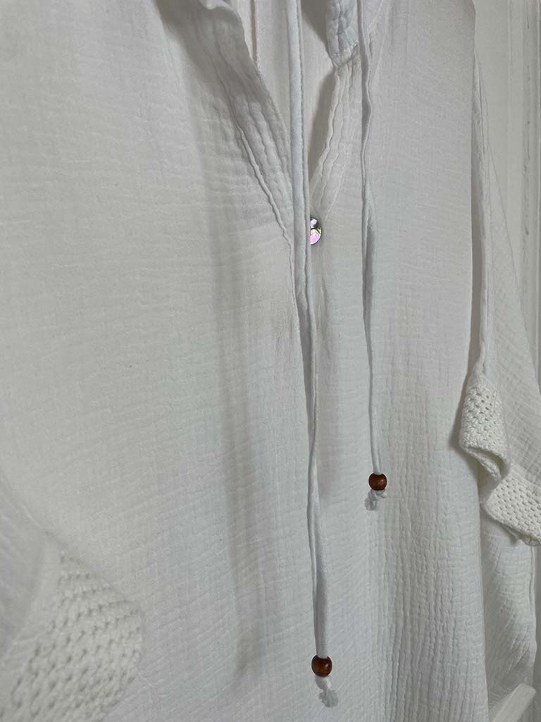 Drawstring Collar Oversized Tunic - White