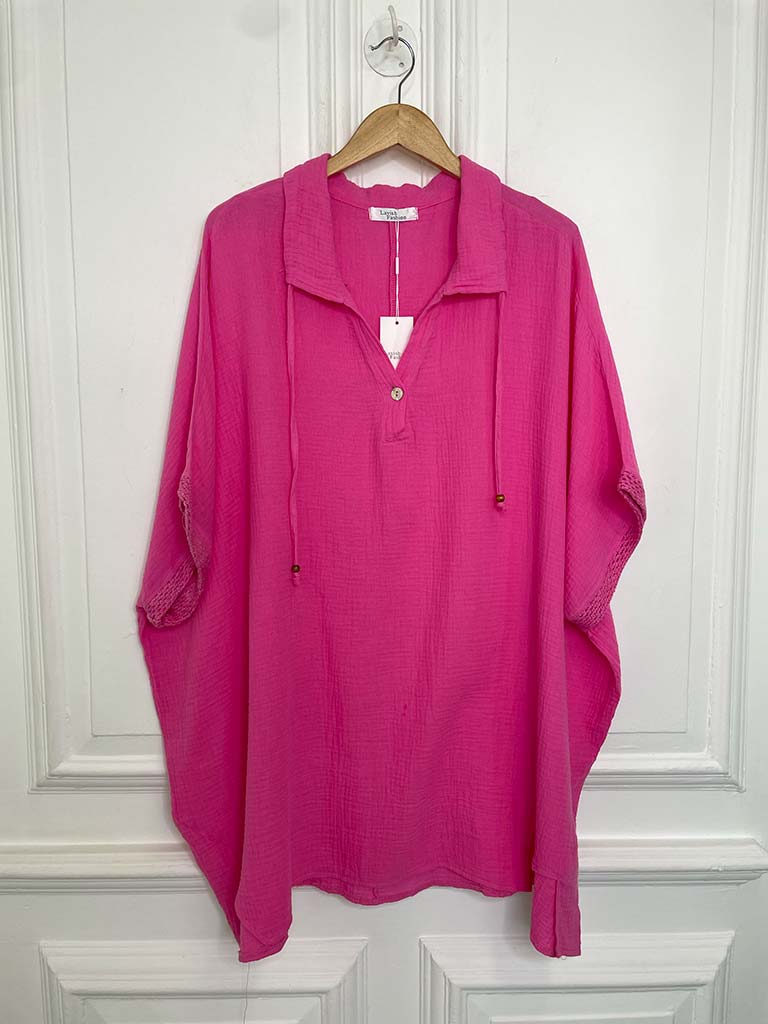 Drawstring Collar Oversized Tunic - Cerise
