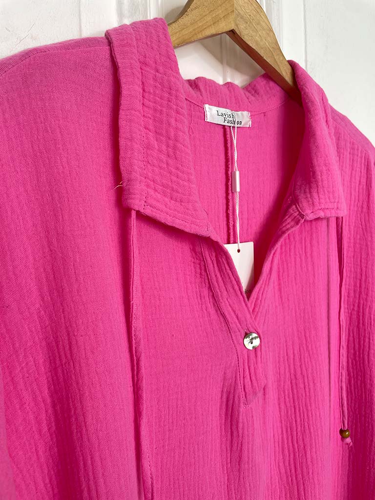 Drawstring Collar Oversized Tunic - Cerise