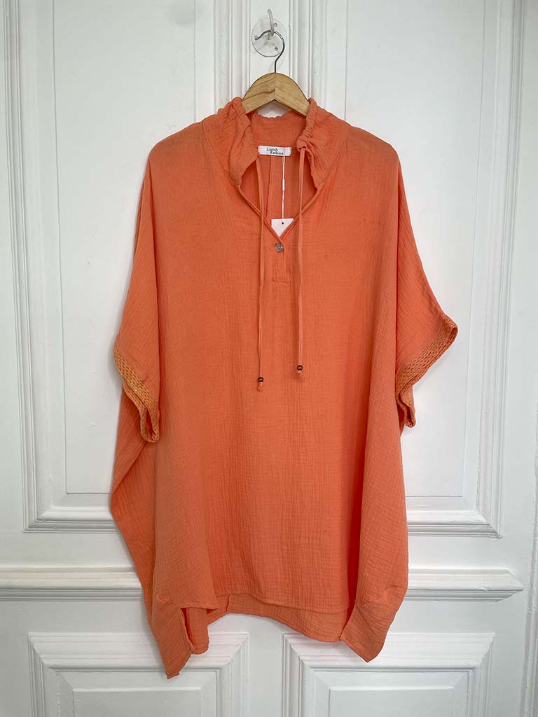 Drawstring Collar Oversized Tunic - Apricot