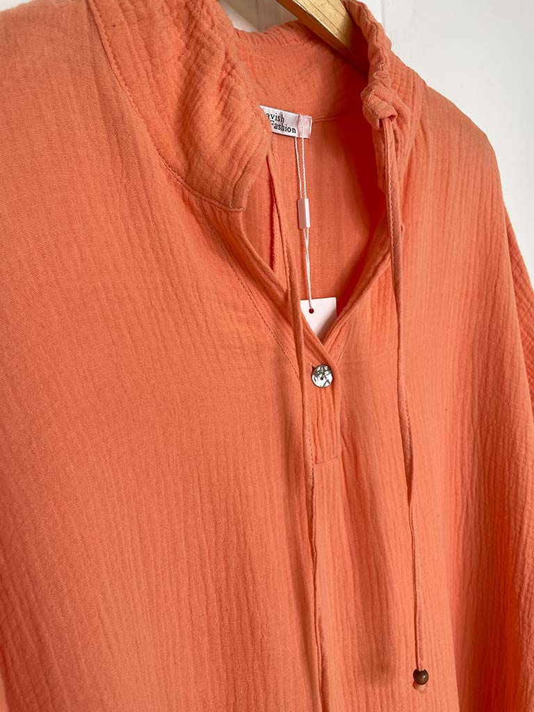 Drawstring Collar Oversized Tunic - Apricot