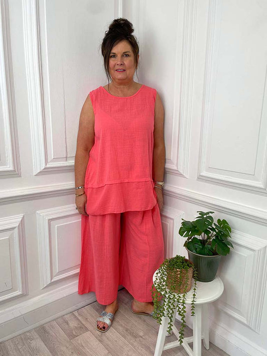 Cotton Sleeveless Top & Palazzo Co-ord - Coral