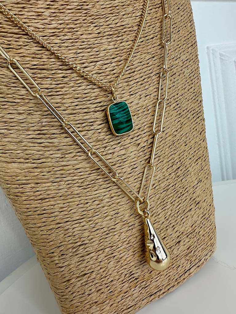 Envy Double Chain Green Pendant Necklace - Gold