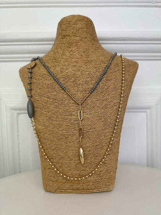 Envy Double Chain Bead Necklace - Gold & Grey