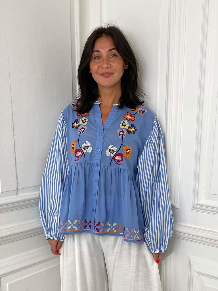 Embroidered Stripe Sleeve Blouse