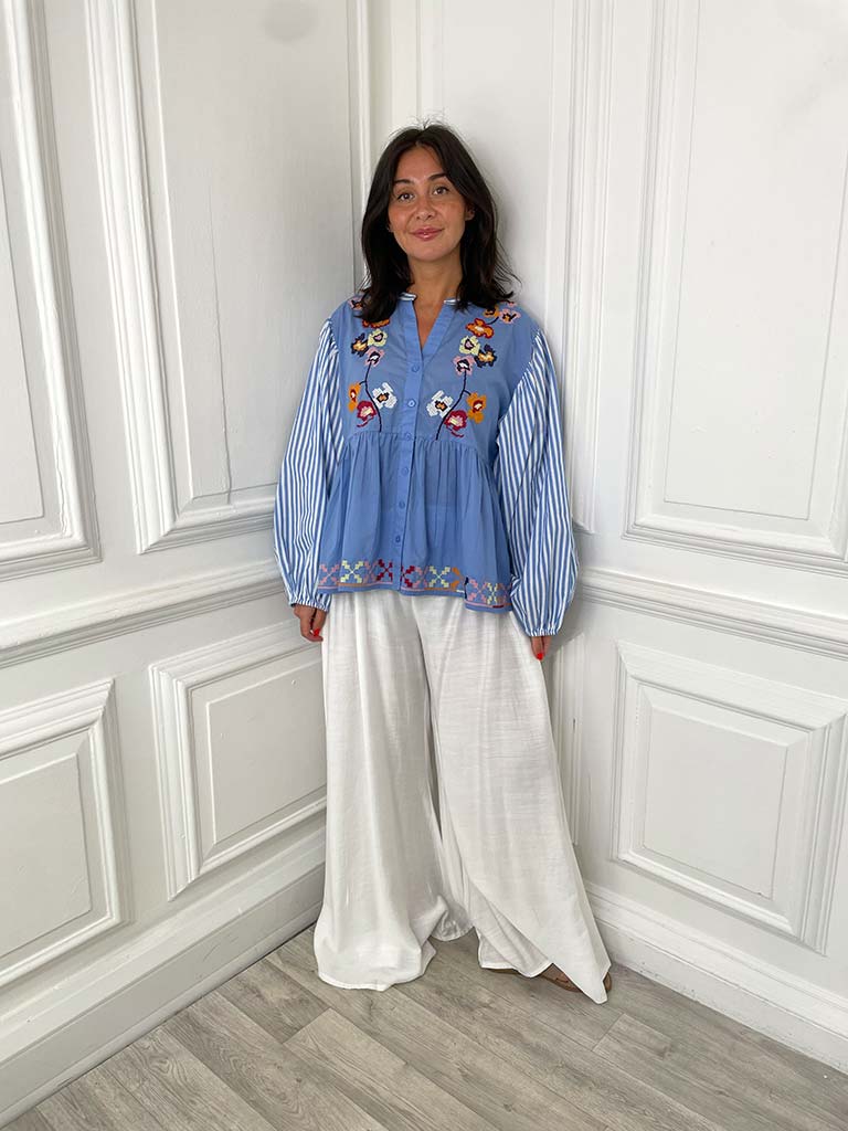 Embroidered Stripe Sleeve Blouse