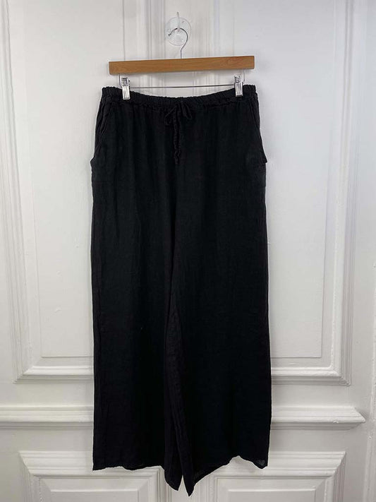 Linen Wide Leg Tie Waist Trousers - Black