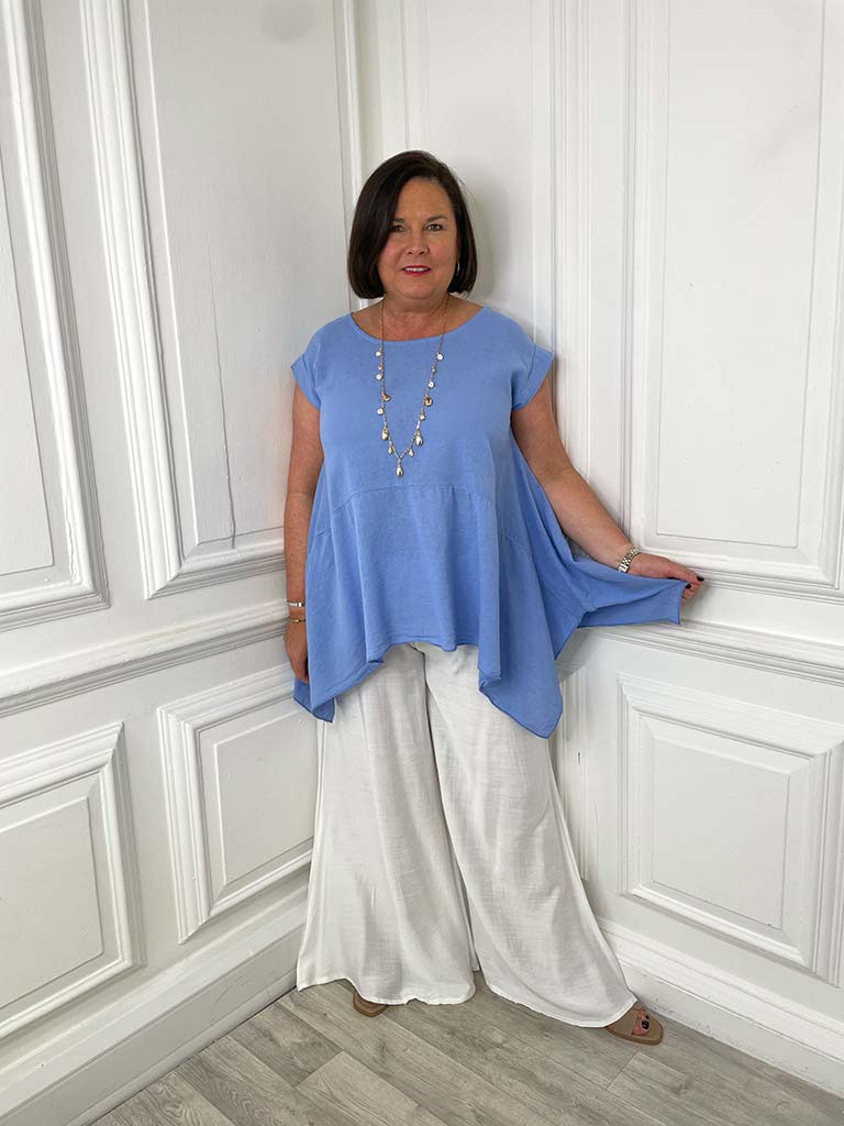 Linen Mix Cap Sleeve Top - Cornflower