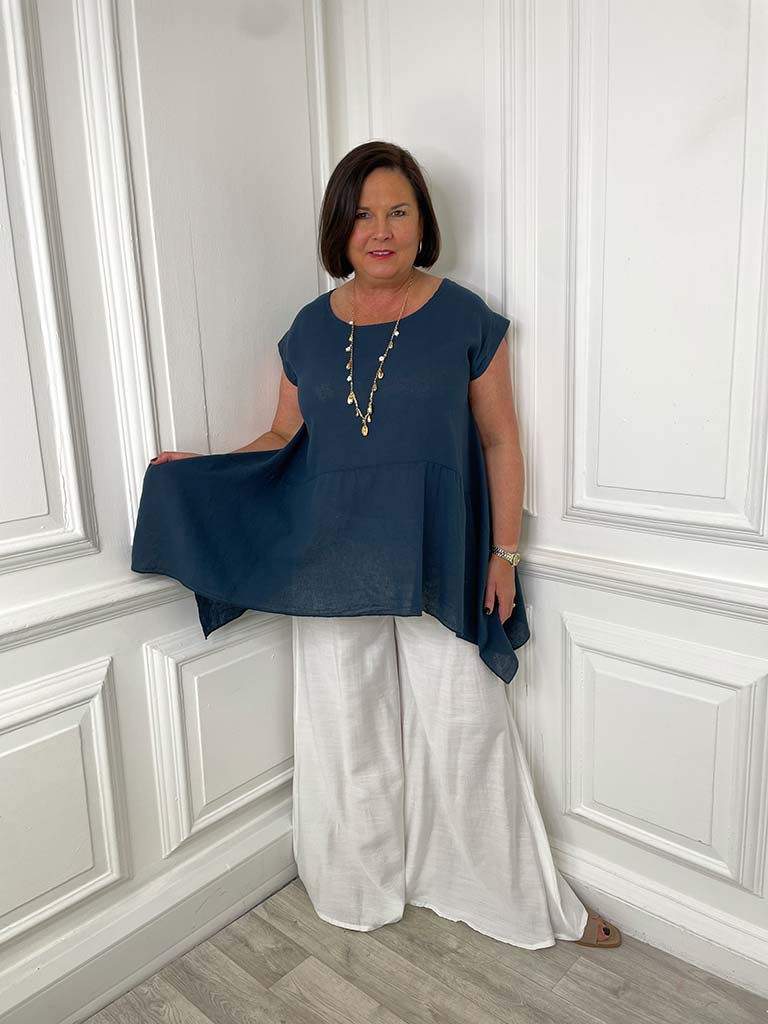 Linen Mix Cap Sleeve Top - Navy