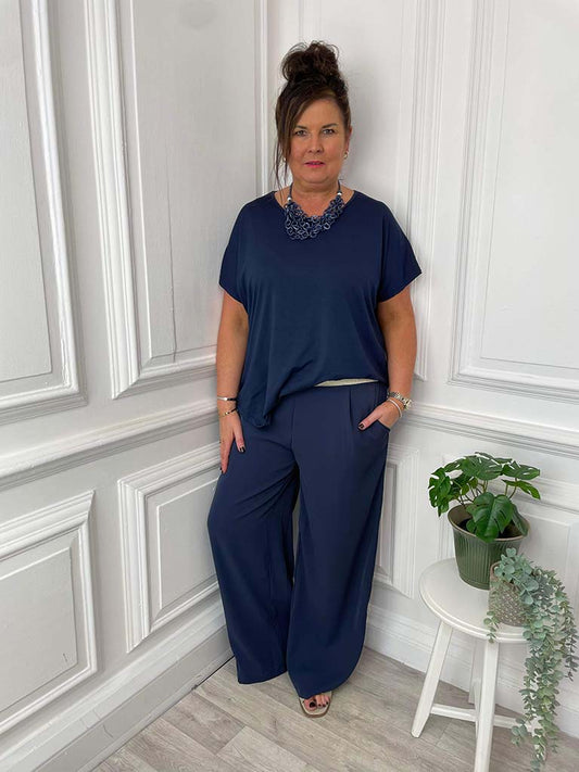 Malissa J Pleat Front Wide Leg Trousers - Navy