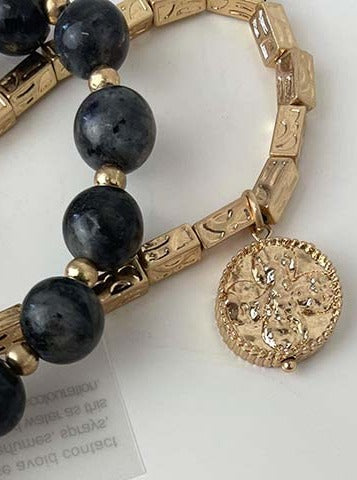 Envy Double Strand Beaded Pendant Bracelet - Gold & Charcoal