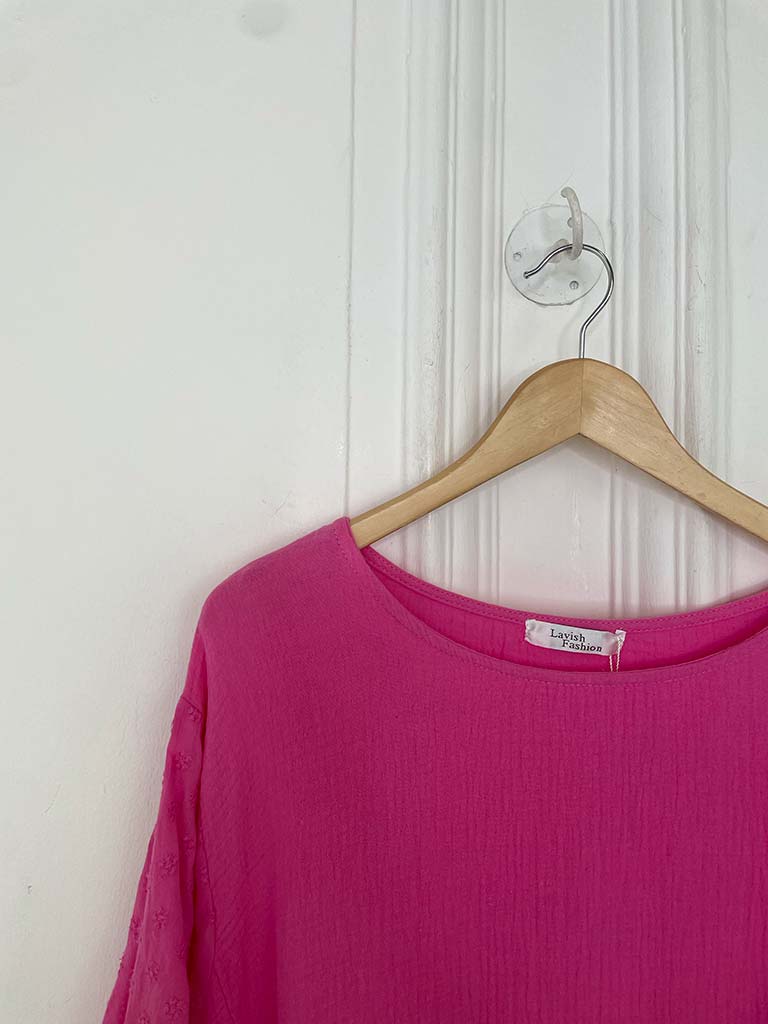 Ditsy Floral Sleeve Seersucker Top - Cerise