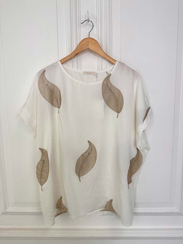 Embroidered Gold Leaf Top - Warm White