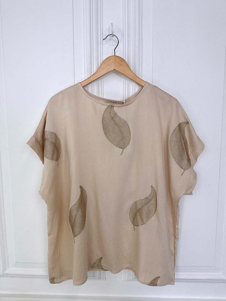 Embroidered Gold Leaf Top - Stone