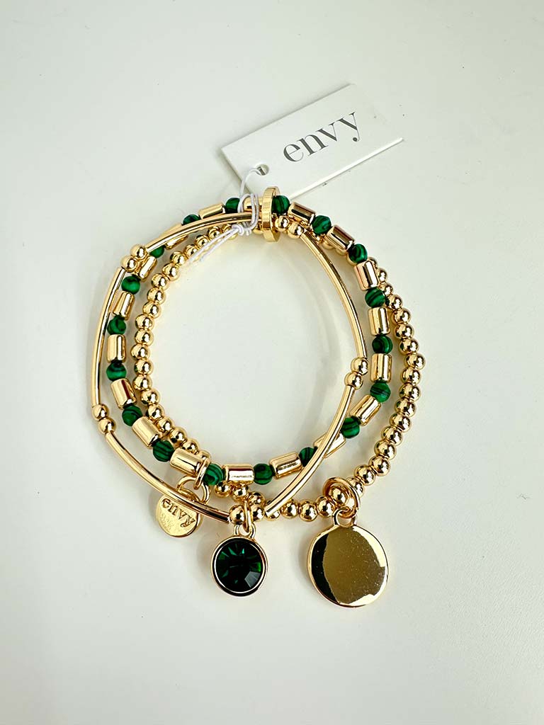 Envy Triple Beaded Charm Bracelet - Gold & Green