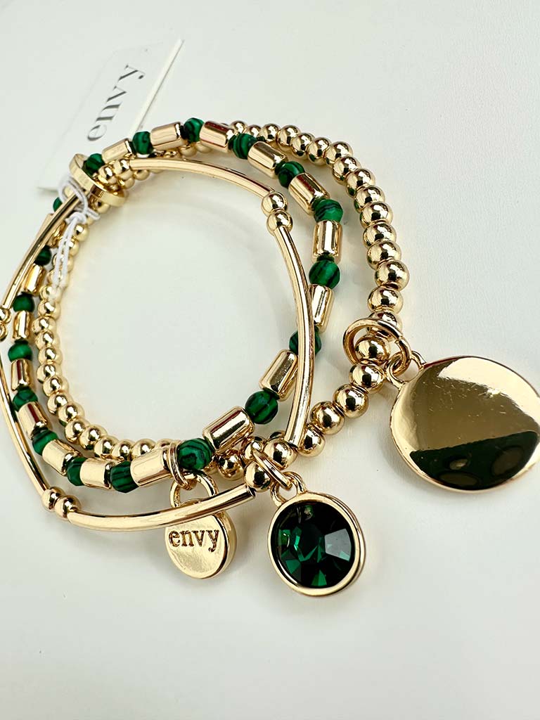 Envy Triple Beaded Charm Bracelet - Gold & Green