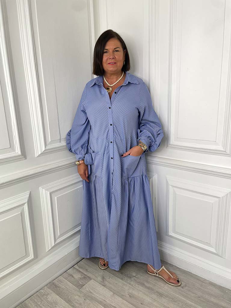 Striped Corsage Sleeve Maxi Dress