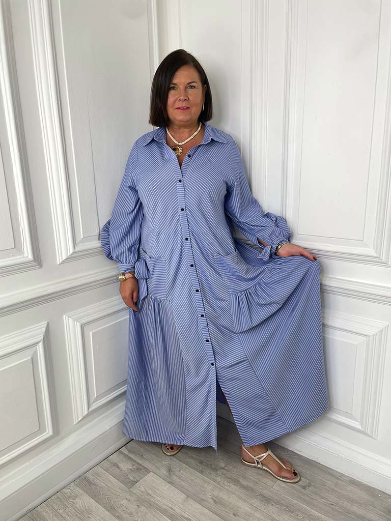Striped Corsage Sleeve Maxi Dress