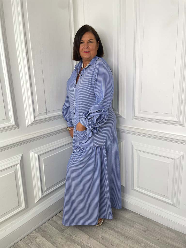 Striped Corsage Sleeve Maxi Dress
